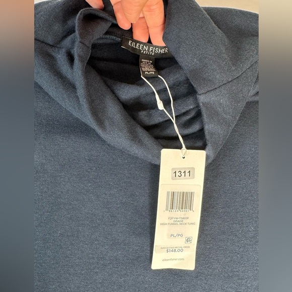 Eileen Fisher Tencel Organic Cotton Navy‎ Mock Neck Fleece Lined Top PL NWT - Picture 4 of 5
